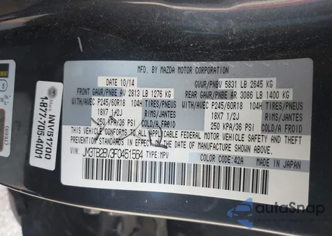 2015 Mazda Cx-9 Sport из США, поврежденный, VIN JM3TB2BV3F0451564